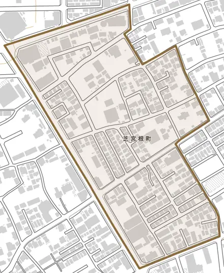 芝宮根町とその周辺の地図。町の範囲を重ねている