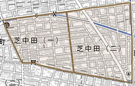 芝中田とその周辺の地図。町の範囲を重ねている