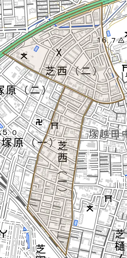 芝西とその周辺の地図。町の範囲を重ねている