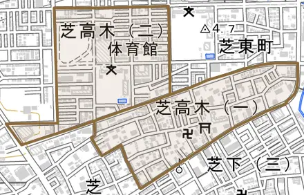 芝高木とその周辺の地図。町の範囲を重ねている