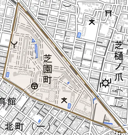 芝園町とその周辺の地図。町の範囲を重ねている