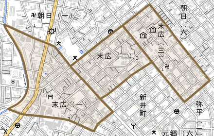 末広とその周辺の地図。町の範囲を重ねている