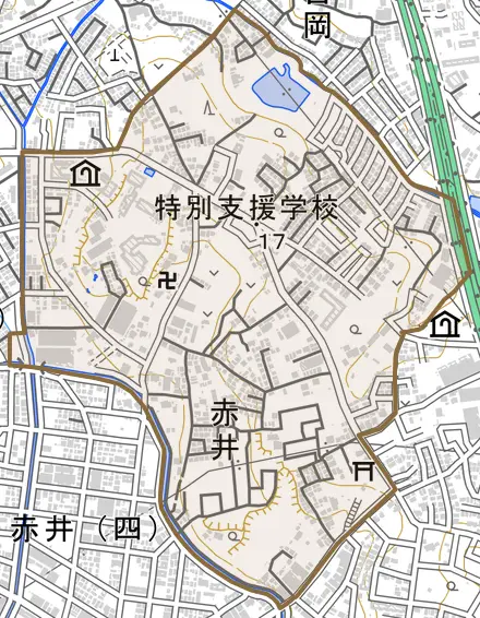 大字赤井とその周辺の地図。町の範囲を重ねている