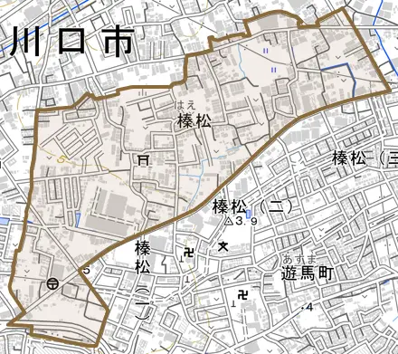 大字榛松とその周辺の地図。町の範囲を重ねている