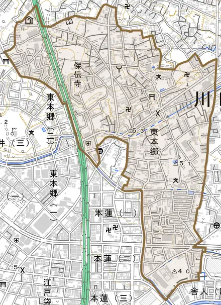 大字東本郷とその周辺の地図。町の範囲を重ねている