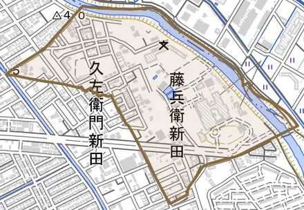 大字藤兵衛新田とその周辺の地図。町の範囲を重ねている