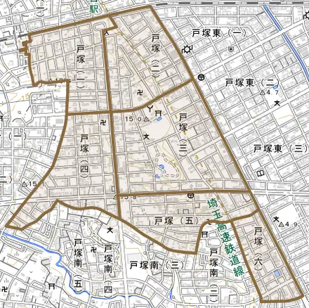 戸塚とその周辺の地図。町の範囲を重ねている
