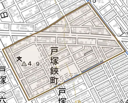戸塚鋏町とその周辺の地図。町の範囲を重ねている