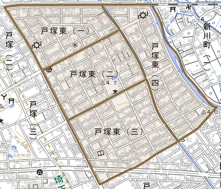 戸塚東とその周辺の地図。町の範囲を重ねている