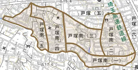 戸塚南とその周辺の地図。町の範囲を重ねている