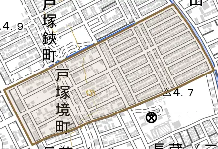 戸塚境町とその周辺の地図。町の範囲を重ねている