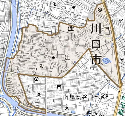大字辻とその周辺の地図。町の範囲を重ねている