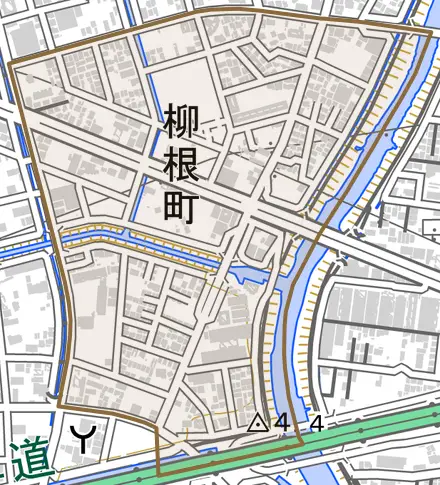 柳根町とその周辺の地図。町の範囲を重ねている