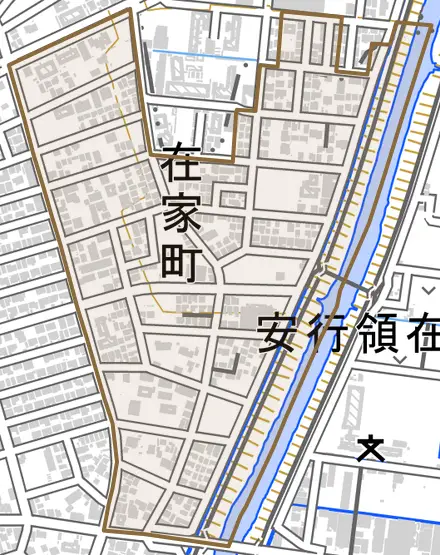 在家町とその周辺の地図。町の範囲を重ねている
