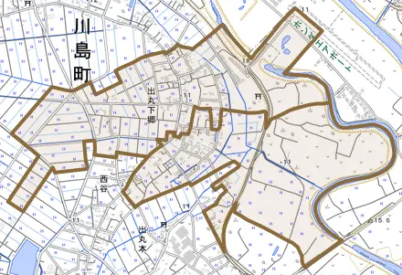 大字出丸下郷とその周辺の地図。町の範囲を重ねている