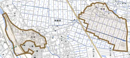 大字吹塚とその周辺の地図。町の範囲を重ねている