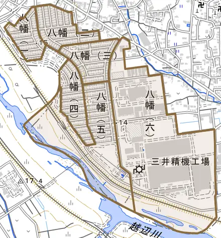 八幡とその周辺の地図。町の範囲を重ねている