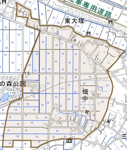 大字畑中とその周辺の地図。町の範囲を重ねている