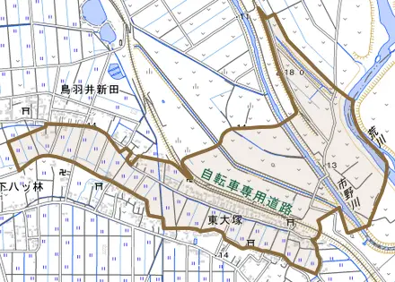 大字東大塚とその周辺の地図。町の範囲を重ねている