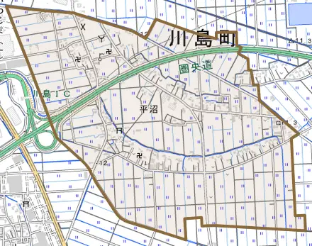 大字平沼とその周辺の地図。町の範囲を重ねている