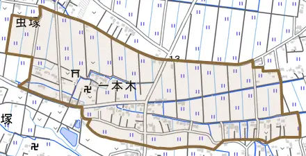 大字一本木とその周辺の地図。町の範囲を重ねている