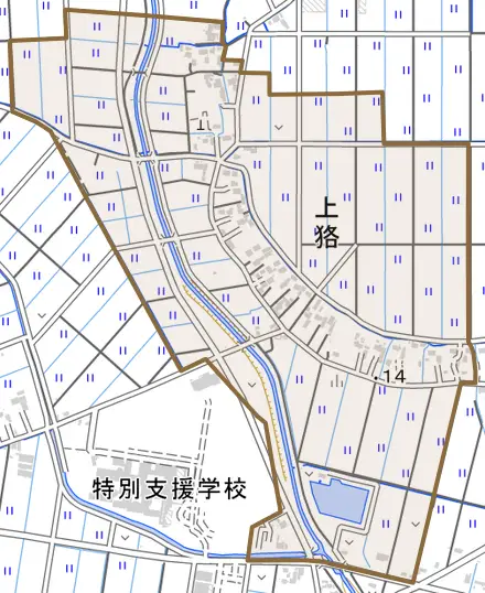 大字上狢とその周辺の地図。町の範囲を重ねている