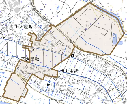 大字上大屋敷とその周辺の地図。町の範囲を重ねている