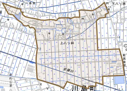 大字上八ツ林とその周辺の地図。町の範囲を重ねている