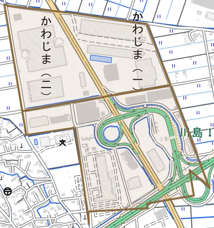 かわじまとその周辺の地図。町の範囲を重ねている