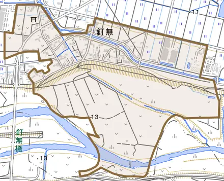 大字釘無とその周辺の地図。町の範囲を重ねている