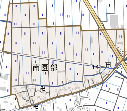 大字南園部とその周辺の地図。町の範囲を重ねている
