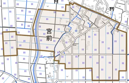 大字宮前とその周辺の地図。町の範囲を重ねている