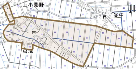 大字虫塚とその周辺の地図。町の範囲を重ねている