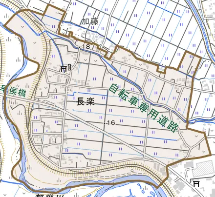 大字長楽とその周辺の地図。町の範囲を重ねている