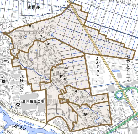 大字中山とその周辺の地図。町の範囲を重ねている