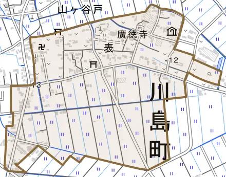 大字表とその周辺の地図。町の範囲を重ねている