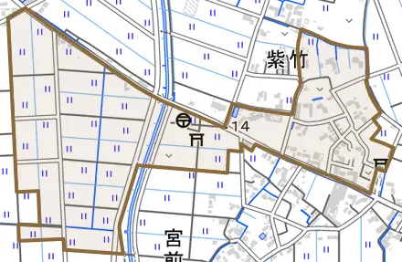 大字紫竹とその周辺の地図。町の範囲を重ねている