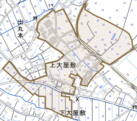 大字下大屋敷とその周辺の地図。町の範囲を重ねている