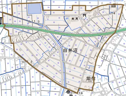 大字白井沼とその周辺の地図。町の範囲を重ねている