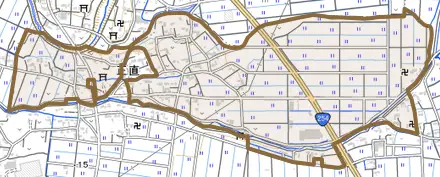 大字正直とその周辺の地図。町の範囲を重ねている