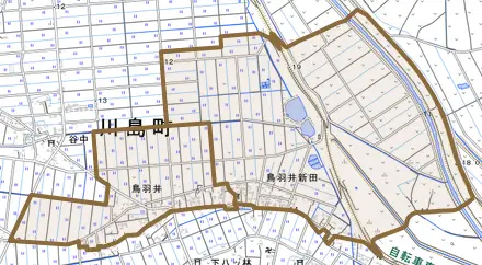 大字鳥羽井とその周辺の地図。町の範囲を重ねている