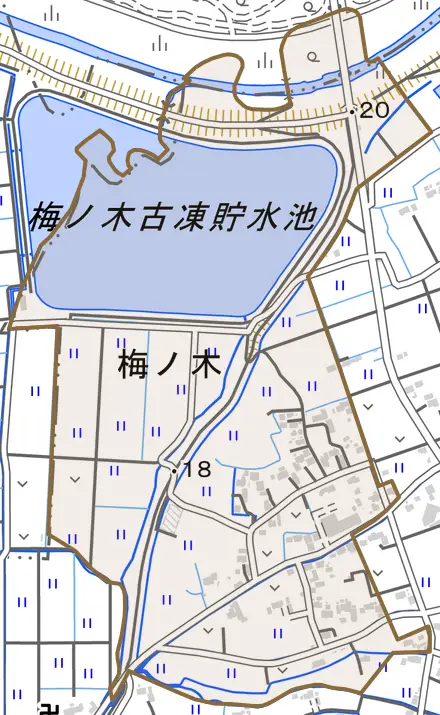 大字梅ノ木とその周辺の地図。町の範囲を重ねている