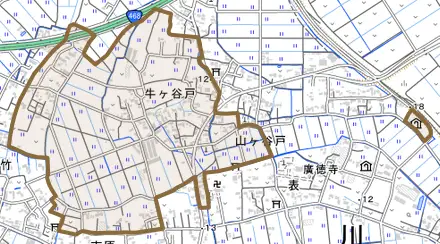 大字牛ケ谷戸とその周辺の地図。町の範囲を重ねている