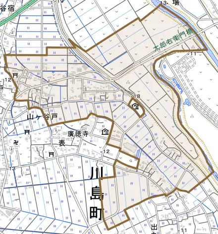 大字山ケ谷戸とその周辺の地図。町の範囲を重ねている
