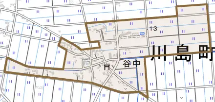大字谷中とその周辺の地図。町の範囲を重ねている