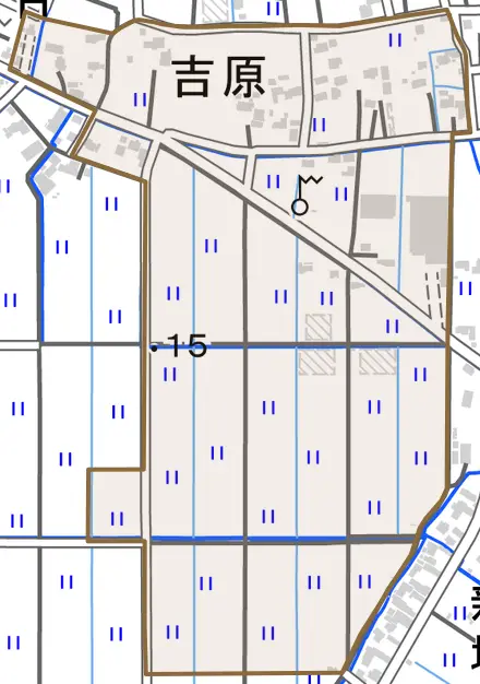 大字吉原とその周辺の地図。町の範囲を重ねている