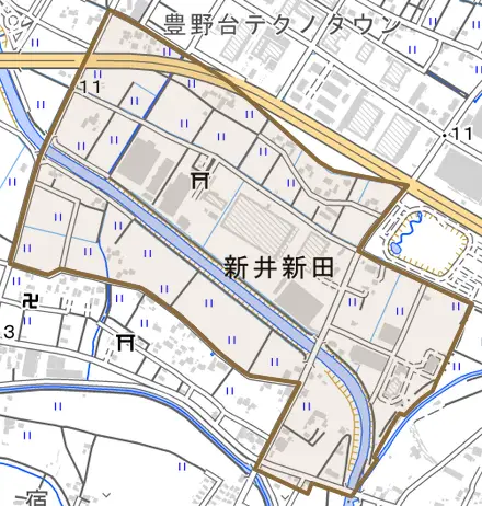 新井新田とその周辺の地図。町の範囲を重ねている