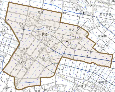 阿良川とその周辺の地図。町の範囲を重ねている