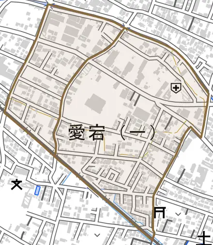 愛宕とその周辺の地図。町の範囲を重ねている