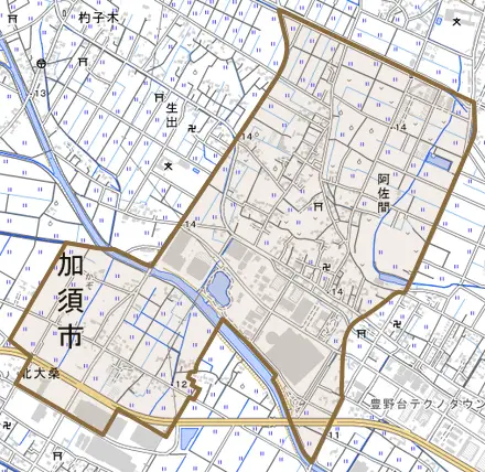阿佐間とその周辺の地図。町の範囲を重ねている